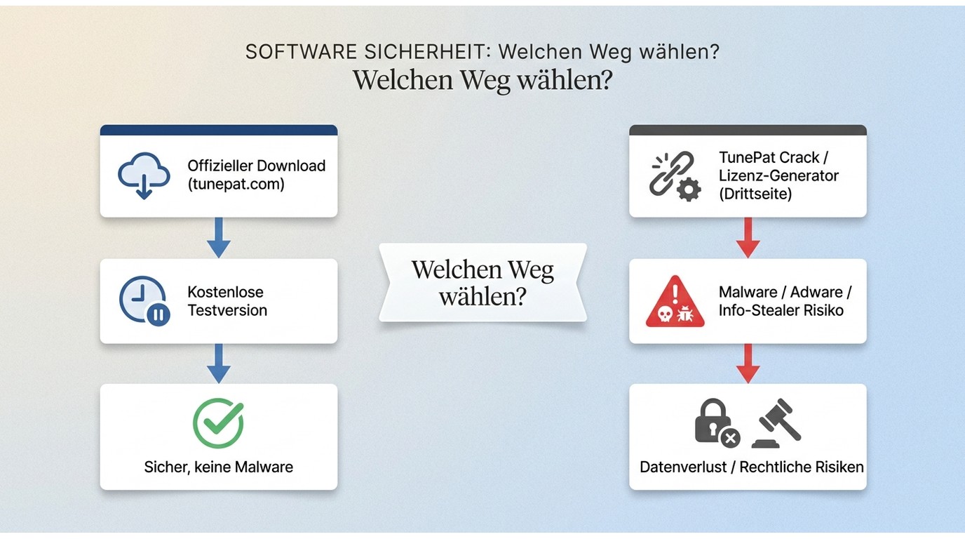 Entscheidungspfad: TunePat offiziell von tunepat.com vs. Crack-Quellen mit Malware-Risiko im Verglei