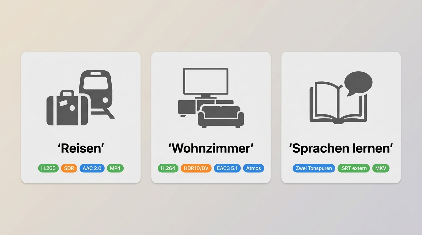 StreamFab Szenario-Einstellungen: Reisen mit H.265/AAC, Wohnzimmer mit EAC3 5.1/HDR10, Sprachen lern