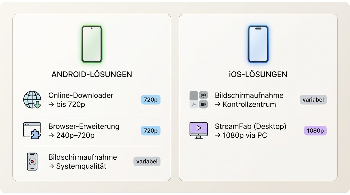 Mobilgeräte-Übersicht: Android-Methoden bis 720p, iOS-Bildschirmaufnahme und StreamFab-Desktop bis 1