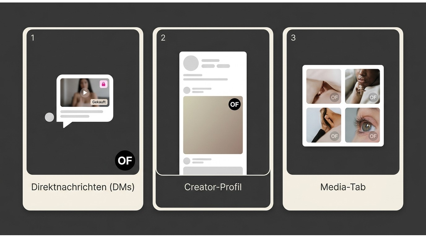Drei Fundorte für gekaufte OnlyFans-Videos: Direktnachrichten, Creator-Profil und Media-Tab im Überb