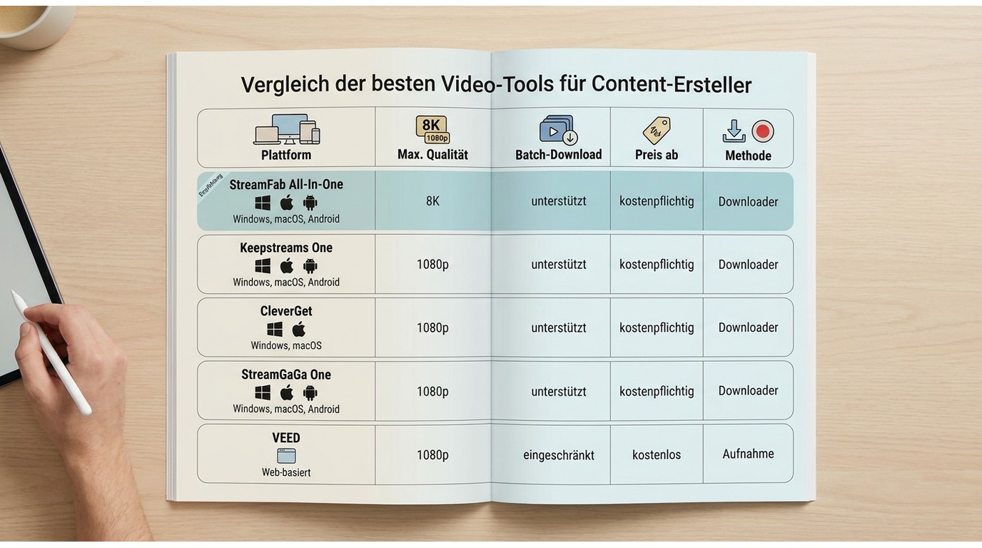 Vergleichstabelle: StreamFab, Keepstreams, CleverGet, StreamGaGa, VEED nach Qualität, Plattform und 